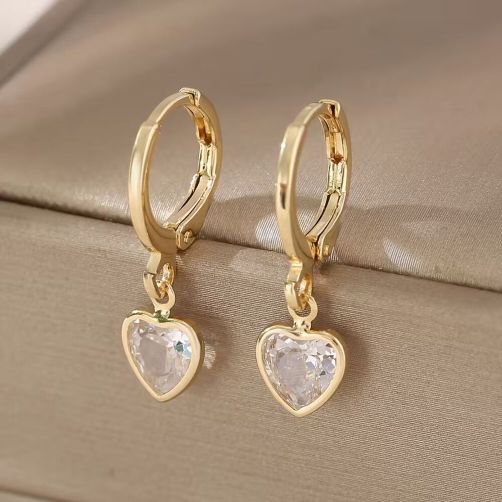 Clear Zirconia Heart Dangle Earrings Gold Crystal Gemstone Drop Charm Hoop New
